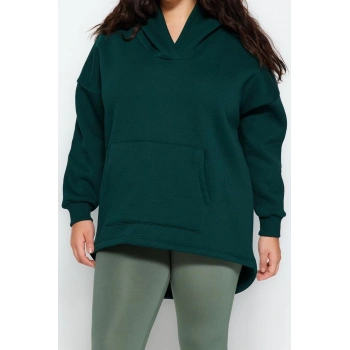 Büyük Beden Tarz Oversize Kapüşonlu Düşük Kol Regular Kalın İçi Polarlı Örme Sweatshirt