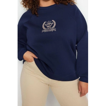 Büyük Beden Oversize Bisiklet Yaka Reglan Kol Kalın İçi Polarlı Nakış Detaylı Örme Sweatshirt