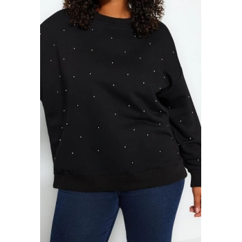 Büyük Beden Tarz Oversize Bisiklet Yaka Düşük Kol Regular Kalın Zımba Detaylı Örme Sweatshirt