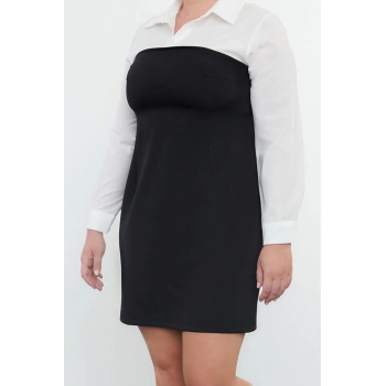 Moda Stil Fitted Gömlek Yaka Mini Boy Büyük Beden -Beyaz Bodycone Straplez Finike Gömlek Elbise