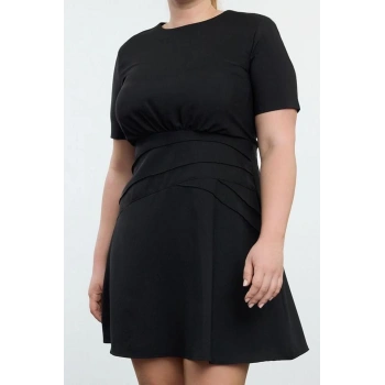 Moda Bisiklet Yaka Mini Boy Büyük Beden Kısa Kol İnce Vatkalı Drapeli Fermuarlı A-Form Dokuma Elbise