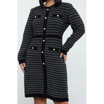 Moda Stil Fitted Bisiklet Yaka Mini Boy Büyük Beden Desenli Düğmeli Triko Elbise