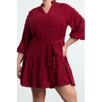 Moda Stil Fitted V Yaka Midi Boy Büyük Beden Balon Kol Kuşaklı Ponponlu Dokuma Büyük Beden Elbise