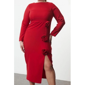 Moda Relaxed Bisiklet Yaka Midi Boy Büyük Beden Kayık Yakalı Yırtmaçlı Güllü Dokuma Elbise