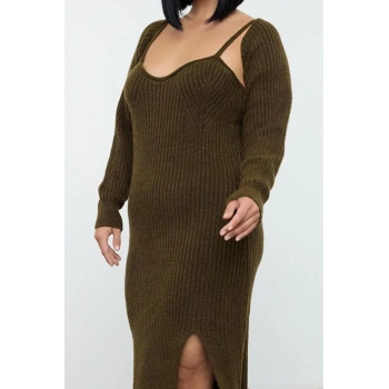 Moda Stil Fitted Kalp Yaka Midi Boy Büyük Beden Fitilli Yırtmaçlı Triko Elbise&Bolero Takım