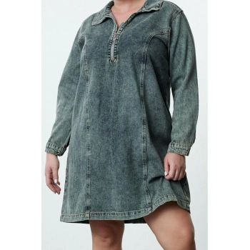 Moda Stil Denim Gömlek Yaka Mini Boy Büyük Beden Rigid Büyük Beden Elbise