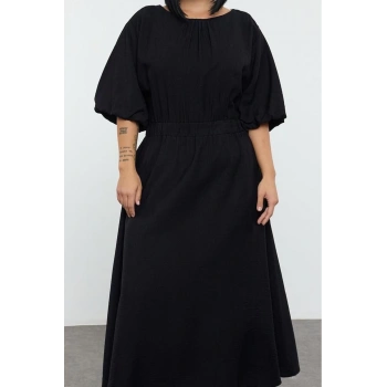 Moda Stil Relaxed Bisiklet Yaka Midi Boy Büyük Beden Dokulu Balon Kol Dokuma Büyük Beden Elbise