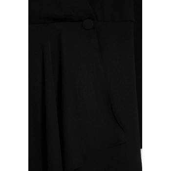 Moda Relaxed Ceket Yaka Mini Boy Büyük Beden Kruvaze Kapama Arkası Gipeli Esnek Dokuma Elbise