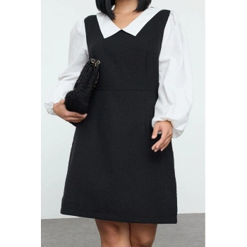 Moda Stil Relaxed Gömlek Yaka Midi Boy Büyük Beden Tüvit Dokuma Büyük Beden Elbise