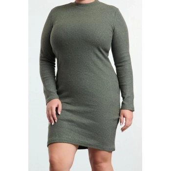 Moda Fitted Bisiklet Yaka Mini Boy Büyük Beden Vücuda Oturan Fitili Kışlık Örme Büyük Beden Elbise