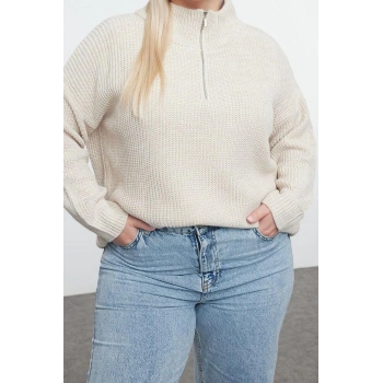 Stil Modern Kadın Regular Düşük Kol Dik Yaka Büyük Beden Fermuarlı Yaka Triko Kazak