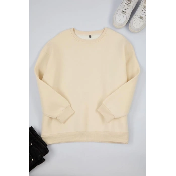 Büyük Beden Oversize Bisiklet Yaka Bej Rahat Kesim Basic Kalın polarlı Örme Sweatshirt