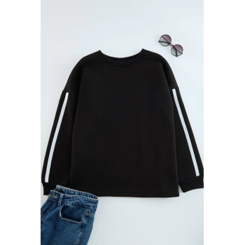 Büyük Beden Oversize Bisiklet Yaka Düşük Kol Uzun Şerit Geniş Kalıp İnce Örme Sweatshirt