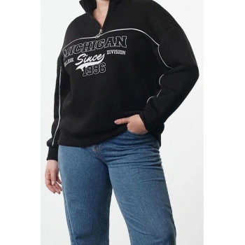 Büyük Beden Oversize Fermuarlı Yaka Düşük Kol Baskılı Geniş Kalın Polarlı Örme Sweatshirt