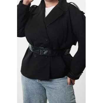 Büyük Beden Düz Astarlı Yaka Regular Regular Ceket Kadın Fit Deri Kemer Teknik Kumaş Trençkot