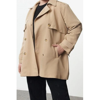 Büyük Beden Tasarım Düz Astarlı Yaka Midi Regular Ceket Kadın Fit Kemerli Teknik Kumaş Trençkot