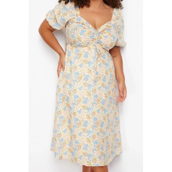 Moda Stil Relaxed Kalp Yaka Midi Boy Büyük Beden Çiçek Desenli Dokuma Elbise