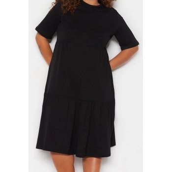 Moda Stil Relaxed Bisiklet Yaka Midi Boy Büyük Beden Volanlı %100 Pamuk Örme Elbise