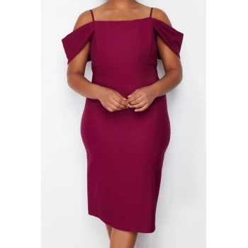 Moda Stil Fitted Carmen Yaka Midi Boy Büyük Beden Düz Bodycone Dokuma Büyük Beden Elbise