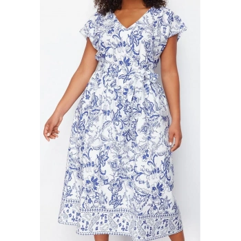 Moda Stil Relaxed V Yaka Maxi Boy Büyük Beden Derin Dokuma Elbise