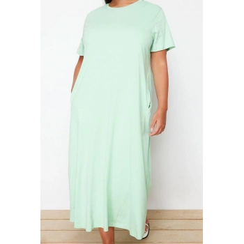 Moda Stil Relaxed Bisiklet Yaka Midi Boy Büyük Beden Örme T-shirt Elbise