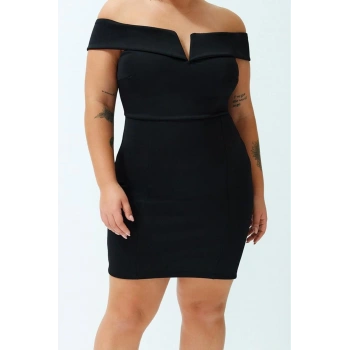 Moda Stil Fitted V Yaka Mini Boy Büyük Beden Çift Kat Yaka Detaylı Örme Elbise