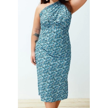 Moda Fitted Asimetrik Yaka Midi Boy Büyük Beden Baskılı Vücuda Oturan Tek Omuz Asimetrik Örme Elbise