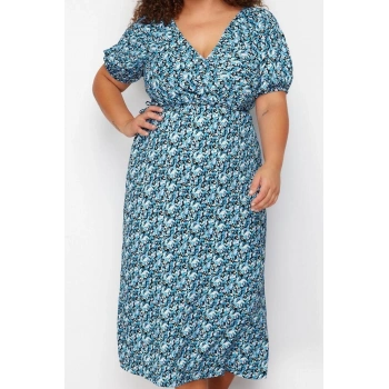 Moda Stil Relaxed Kruvaze Midi Boy Büyük Beden Çiçekli Örme Elbise