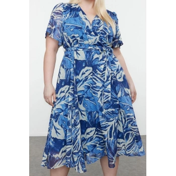 Moda Stil Relaxed Kruvaze Maxi Boy Büyük Beden Tropik Yaprak Desenli Şifon Dokuma Elbise