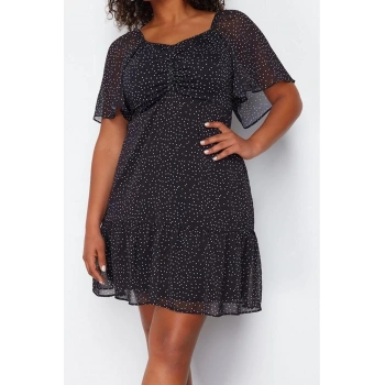 Moda Relaxed V Yaka Midi Boy Büyük Beden Siyah Puantiyeli Lastik Belli Dokuma Şifon Astarlı Elbise