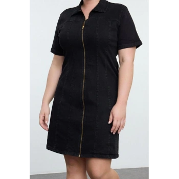 Moda Stil Fitted Gömlek Yaka Mini Boy Büyük Beden Comfort Denim Büyük Beden Elbise