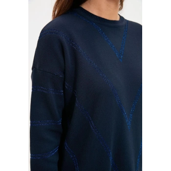 Stil Modern Kadın Midi Düşük Kol Bisiklet Yaka Tesettür Simli Uzun Triko Kazak