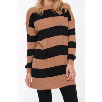 Stil Modern Kadın Midi Düşük Kol Bisiklet Yaka Tesettür Kahverengi Çizgili Triko Kazak