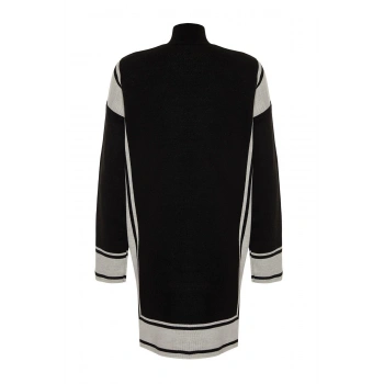 Stil Modern Kadın Midi Düşük Kol Dik Yaka Tesettür Çizgili Triko Kazak