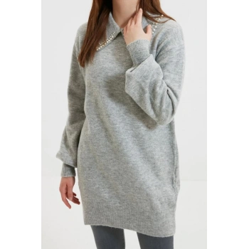 Stil Modern Kadın Midi Balon Kol Polo Yaka Tesettür Bebe Yaka İncili Yumuşak Triko Kazak