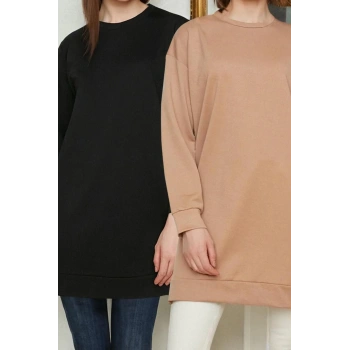 Tesettür Tarz Regular Bisiklet Yaka Düşük Kol Uzun 2li Paket Basic Örme Sweatshirt