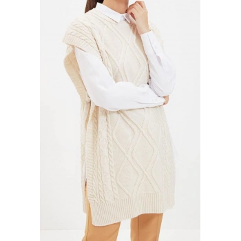 Stil Modern Kadın Midi Düşük Kol Bisiklet Yaka Tesettür Beli Bağlamalı Saç Örgülü Triko Süveter