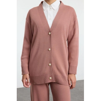 Tarz Kadın Modern Moda Normal Bel Boru Paça V Yaka İnci Düğmeli Hırka-Pantolon Triko Alt-Üst Takım