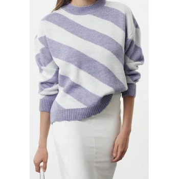 Stil Modern Kadın Uzun Düşük Kol Bisiklet Yaka Tesettür Çizgili Triko Kazak