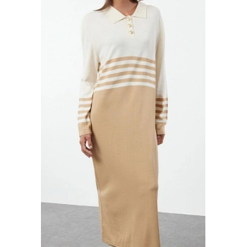 Moda Stil Relaxed Polo Yaka Maxi Boy Tesettür Taş Renk Bloklu Triko Elbise