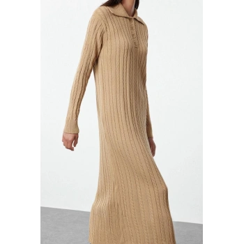 Moda Stil Regular Polo Yaka Maxi Boy Tesettür Saç Örgülü Triko Elbise