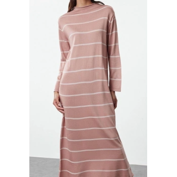 Moda Stil Relaxed Dik Yaka Maxi Boy Tesettür Çizgili Triko Elbise
