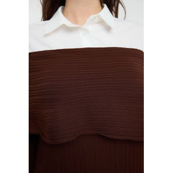 Moda Stil Fitted Carmen Yaka Maxi Boy Tesettür Dokuma Garnili Triko Elbise