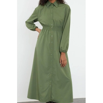 Moda Stil Regular Hakim Yaka Uzun Tesettür Beli Lastikli Dokuma Elbise