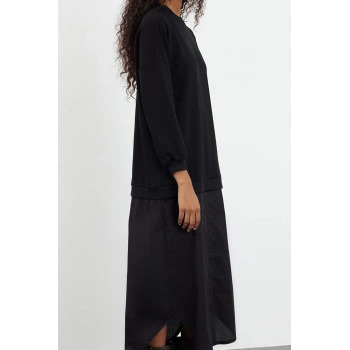 Moda Stil Regular Bisiklet Yaka Maxi Boy Tesettür Dokuma Gömlek Detaylı Örme Elbise