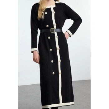 Moda Stil Fitted Ceket Yaka Uzun Tesettür Kemerli Triko Renk Bloklu Elbise