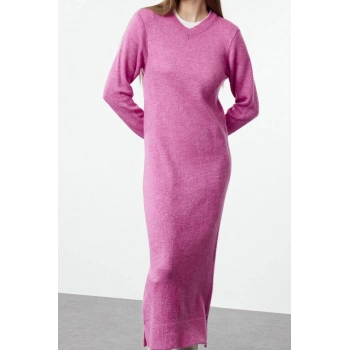 Moda Stil Oversize V Yaka Maxi Boy Tesettür Yumuşak Dokulu Triko Elbise