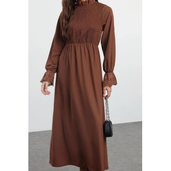 Moda Stil Regular Dik Yaka Uzun Tesettür Gipeli Dokuma Elbise