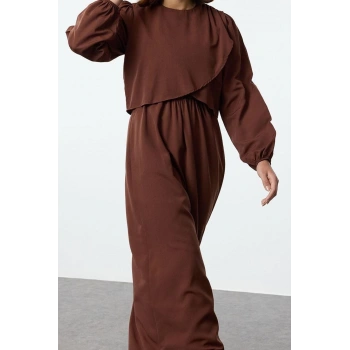 Moda Stil Fitted Bisiklet Yaka Uzun Tesettür Peplum Detaylı Dokuma Elbise