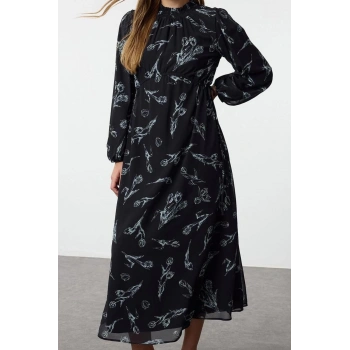 Moda Stil Regular Dik Yaka Maxi Boy Tesettür Şifon Çiçek Desenli Dokuma Elbise